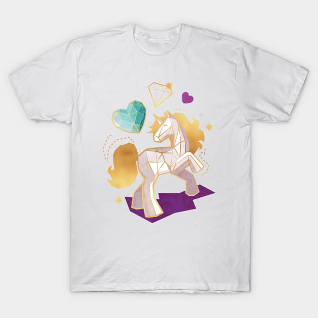 Kicking off some magic // spot illustration // white and grey geometric unicorn violet blue and aqua hearts golden lines T-Shirt by SelmaCardoso